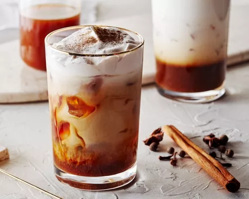 Verre d'infusion froide aux épices de citrouille avec un bâton de cannelle et clou de girofle 